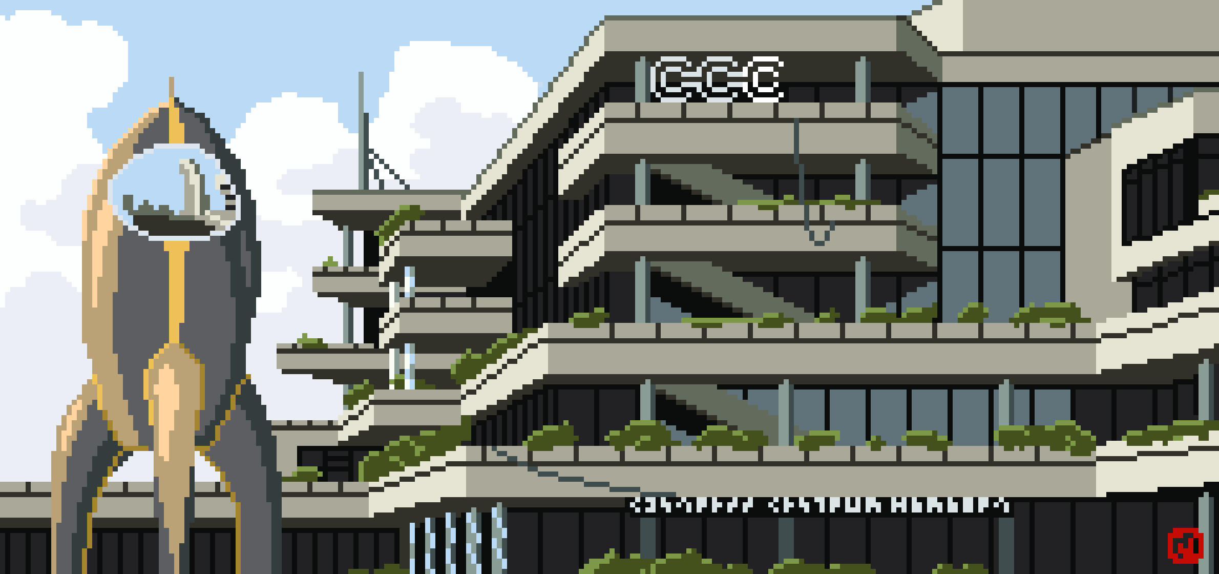 CCH congress center done in pixelart. To the left is one of the CCC’s logos, the rocket Fairy Dust.